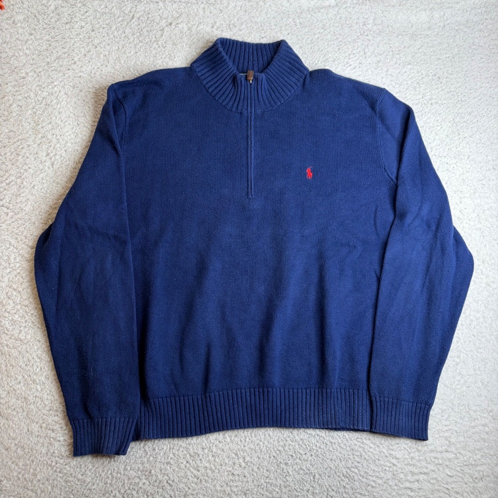 Polo Ralph Lauren Mens XXL Navy Blue 100% Cotton Quarter Zip Pullover Sweater
